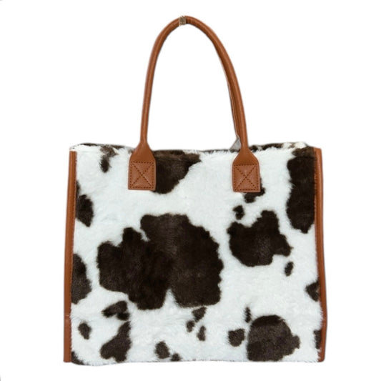 Chic Fluffy Faux Fur Brown/White Luxurious Cow Print Handbag Tote Purse NWT