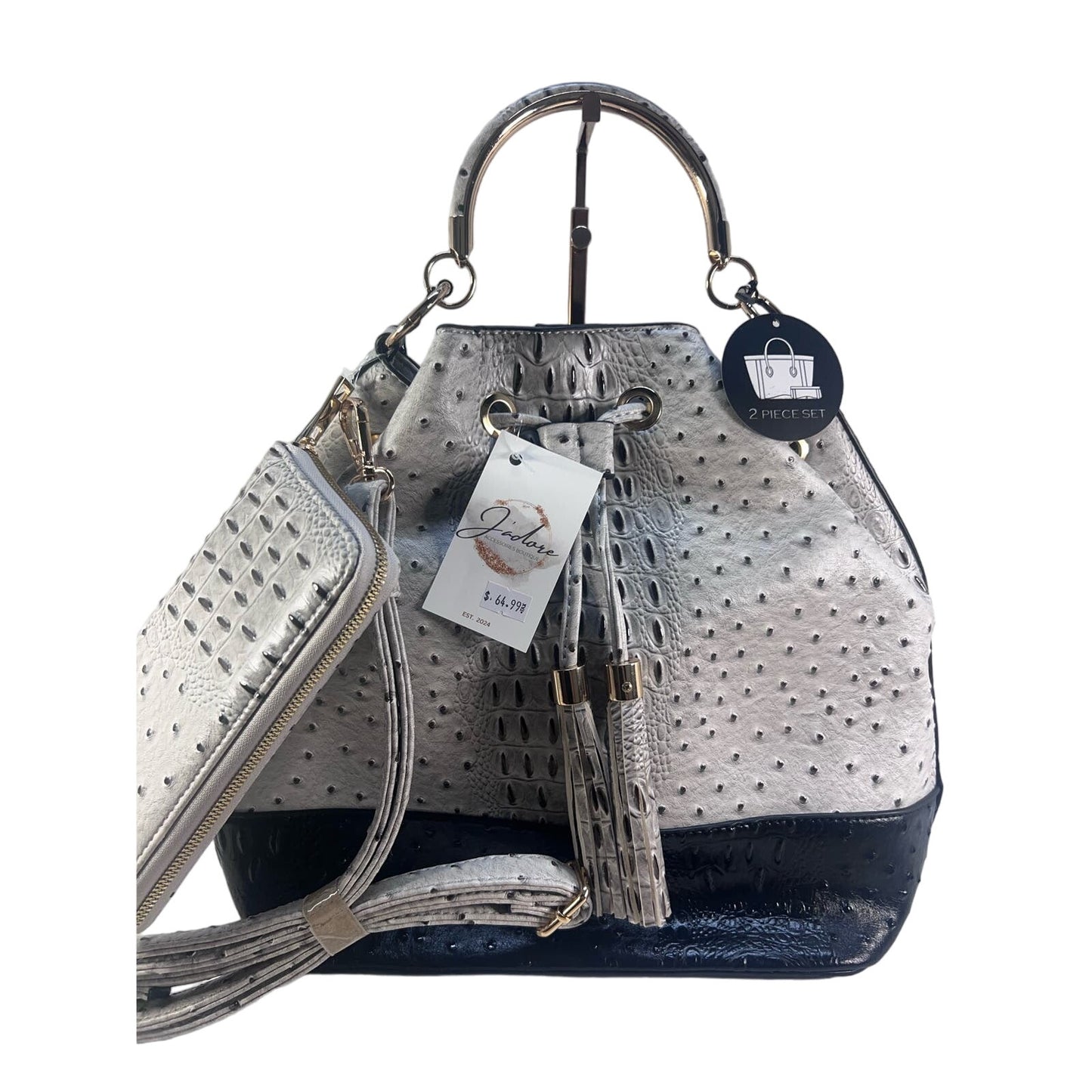 American Bee Gray Boho Tassel Ostrich Handbag Crossbody Purse W/ Wallet Set NWT