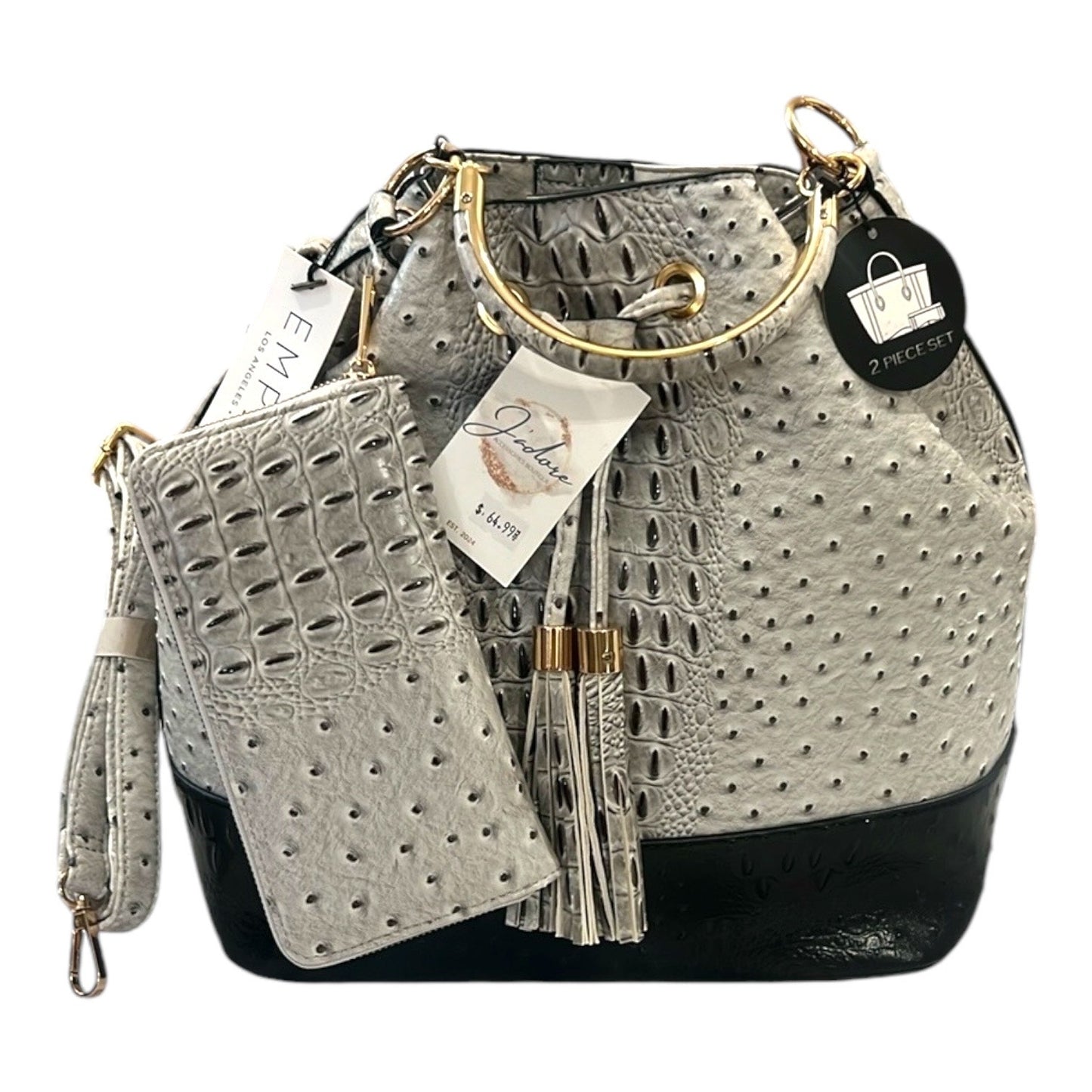 American Bee Gray Boho Tassel Ostrich Handbag Crossbody Purse W/ Wallet Set NWT