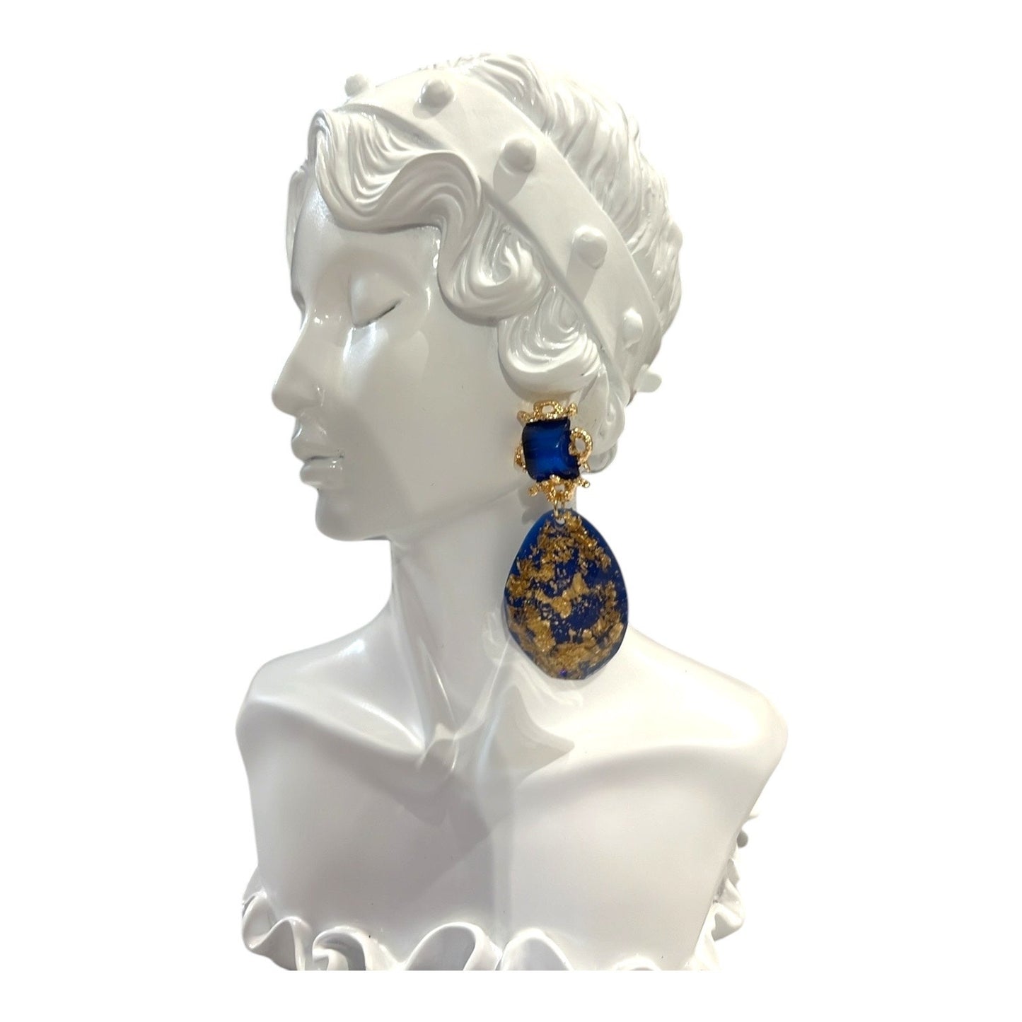 Chic Luxurious Elegant Dark Blue & Gold Resin Women’s Earrings NWT