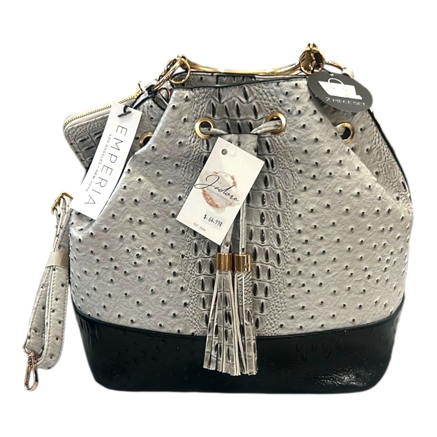 American Bee Gray Boho Tassel Ostrich Handbag Crossbody Purse W/ Wallet Set NWT