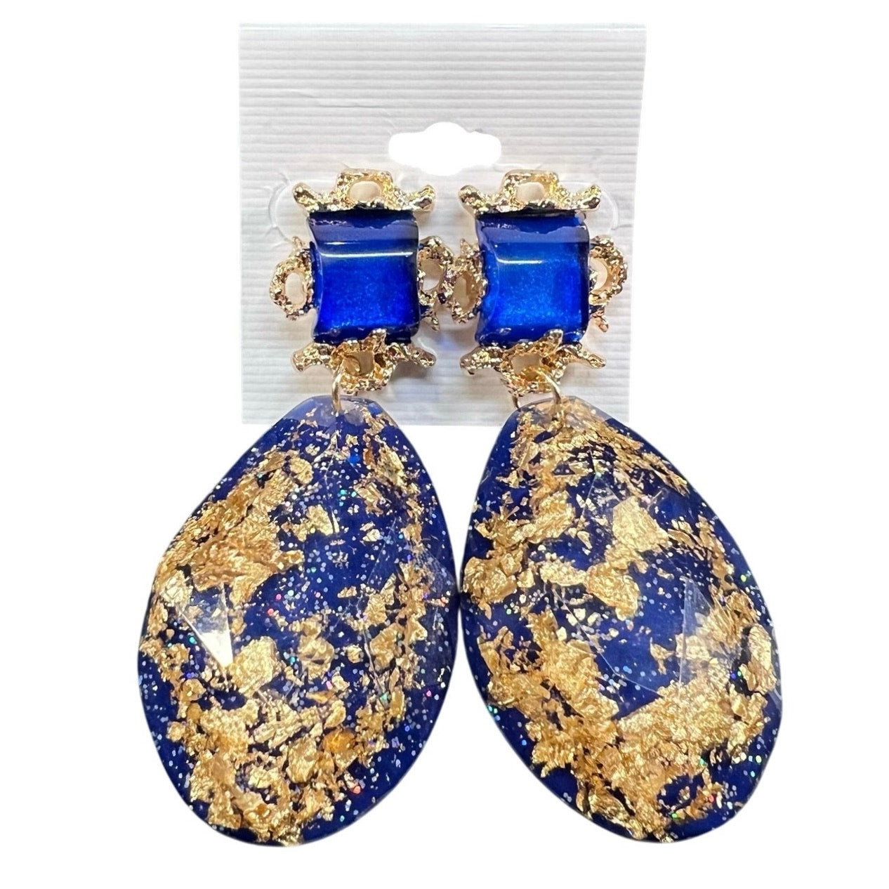 Chic Luxurious Elegant Dark Blue & Gold Resin Women’s Earrings NWT