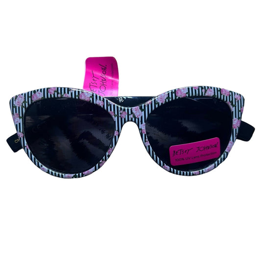 Betsey Johnson Women’s White/Black Stripe Pink Flower Sunglasses NWT