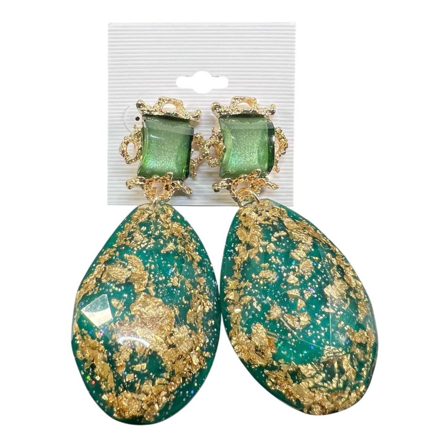 Chic Luxurious Elegant Green/Gold Resin Women’s Earrings NWT