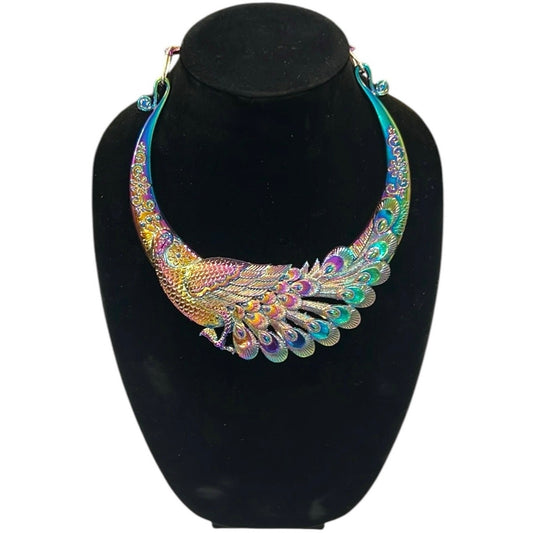 Chic Luxurious Rainbow Multicolor Peacock Unique Evening Women’s Necklace NWT