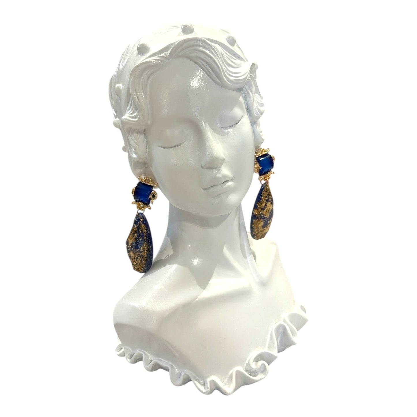 Chic Luxurious Elegant Dark Blue & Gold Resin Women’s Earrings NWT